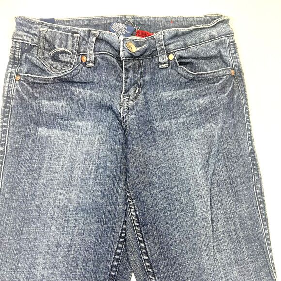 Vanity Pants Women 27/31 Blue Denim Jean Flared Embroidered Med Wash Low Rise - Picture 1 of 16